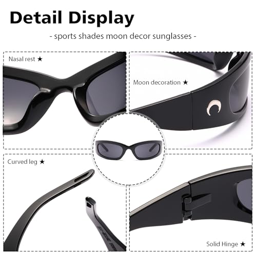 Wrap Round Sunglasses Y2K Trendy, Fashion Black Sport Shades Moon Décor…4