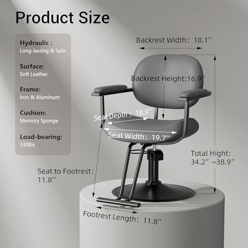 Baasha Professional Hair Styling Chair for Salon, Industrial Style Stylist Chair, Heavy Duty Hydraulic Beauty Seating, Minimalist PU Leather Weight Capacity 330lbs Grey — view 3
