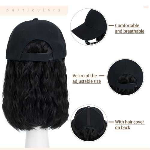 8 Inch Baseball Cap With Hair Extensions BOB Synthetic Hair With Attached Black Hat With One Piece Hair Extensions For Women - Image 3