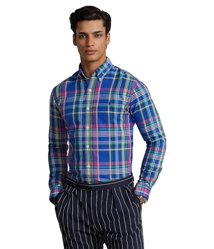 POLO RALPH LAUREN Chemise à manches longues à carreaux pour homme Coupe classique, Bleu roi/rose multicolore, Taille S