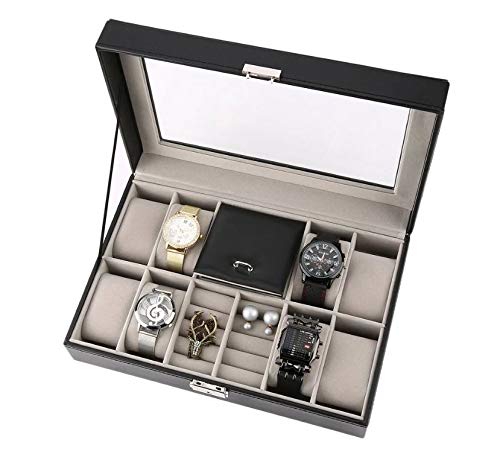 MR Maestro Relojero - Vitrina para Guardar 8 Relojes, Gemelos y Joyas | Piel sintética e Interior Aterciopelado Grey | Ideal para Organización de Joyas y Relojes, Muy Practico, Estupendo para Regalo