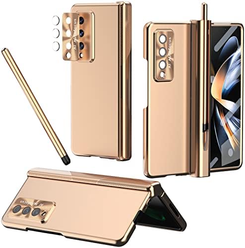 NINKI Compatible S Pen Case for Samsung Galaxy Z Fold 4 Case with Hinge Protection &S Pen Holder,4 in 1 Full Coverage Magnetic Case Screen Protector Phone Case for Samsung Galaxy Z Fold 4 5g Case Gold
