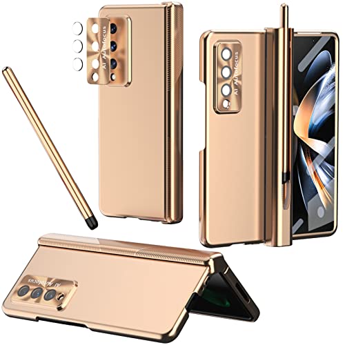 Ninki Compatible S Pen Case For Samsung Galaxy Z Fold 4 Case With Hinge Protection &S Pen Holder,4 In 1 Full Coverage Magnetic Case Screen Protector Phone Case For Samsung Galaxy Z Fold 4 5G Case Gold #TOP6