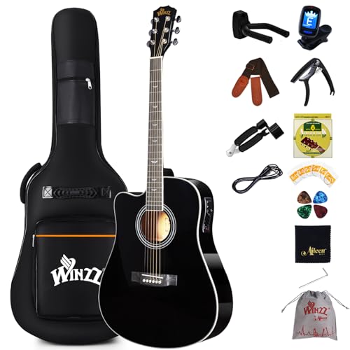 Winzz Electro-Acoustic Guitar for Adults, 4/4 Full Size Beginner Guitar Folk for Children over 12 years (Left Handed Black)