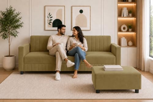 Image of Modern 3-Seater Velvet Sofa with Ottoman | Vertical Channel Tufted Backrest | Plush Cushioned Seating | Stylish Contemporary Sofa for Living Room, Bedroom & Office | Golden