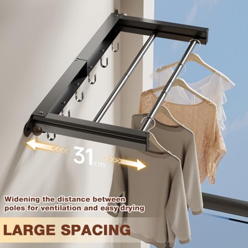 Image of HASTHIP Folding Clothes Drying Stand Wall Mounted - 30.8x70cm Dual Row Foldable Clothes Drying Rack with 6 Hooks Cloth Stands for Dry Cloth Foldable Hanger Suitable for Bathroom or Balcony Use