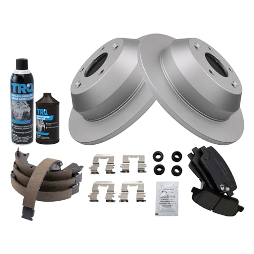Image of TRQ Rear Brake Pad & Rotor Kit, with Chemical Kit Parking Brake Shoe Set Ceramic Premium G-Coated Compatible with 2010-2012 Hyundai Santa Fe 2011-2013 Kia Sorento