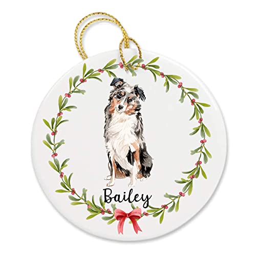 Personalized Aussie Australian Shepherd Porcelain Holiday/Christmas Ornament - Customized with your Dog's Name!