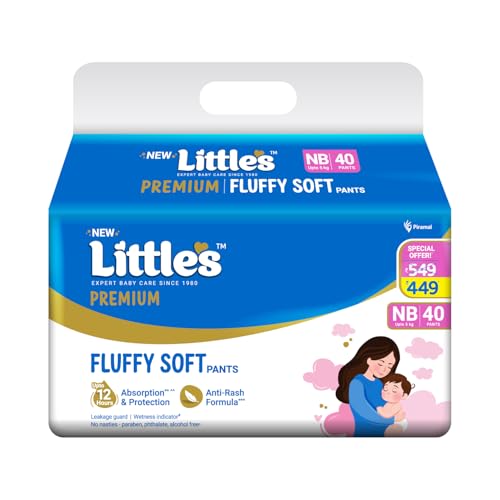 Little's Premium New Born Baby Diaper Pants Style (NB) | Upto 5 kg | 40 Count - Pack of 1 | FluffySoft Baby Diapers with Leakage Guard, Wetness Indicator & 12 Hours Absorption