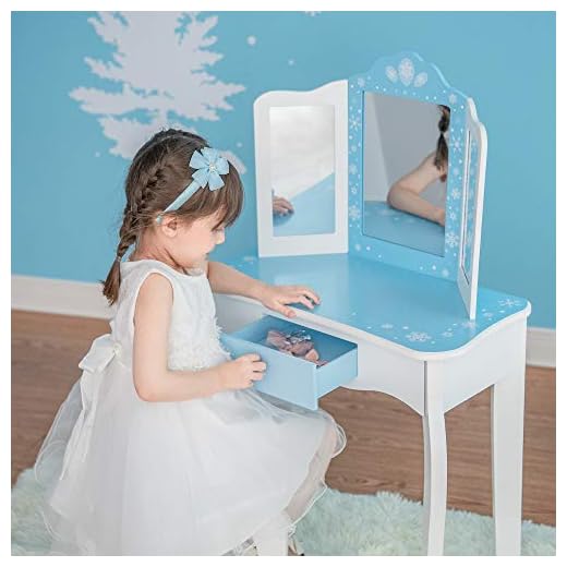 Teamson Kids Pretend Play Kids Vanity Table and Chair Vanity Set with Mirror Makeup Dressing Table with Drawer Fashion Snow Flake Prints Gisele Play Vanity Set ICY Blue Purple White