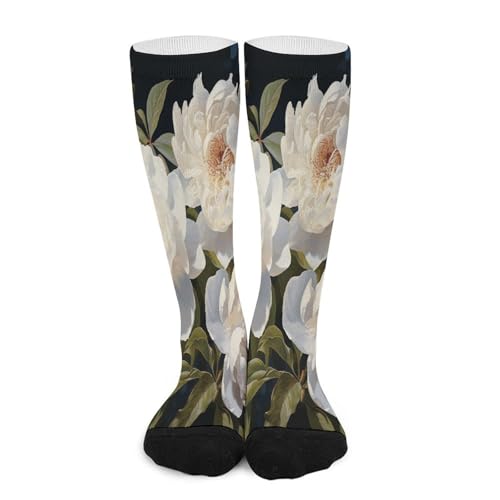 FekiLoot White Peony Compression Socks Cozy Soft Support Socks Fashion Breathable Knee High Tube Socks for Adult
