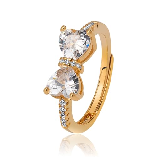 Engagement and Wedding Cubic Zirconia Rings for Women Double Heart Open Adjustable Ring for Her Silver and Rose Gold Butterfly Gifts for Women Promise Rings for Her Love Eternity Bow Ring