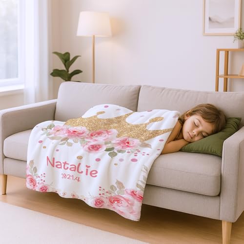 Image of Personalized Baby Blanket with Name, Custom Name Blanket for Kids Soft Flanne Blankets in Easter Personalized Baby Gifts for Infant Newborn Shower (White)