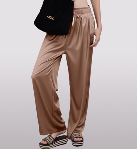 Women's Silky Wide-Leg Pants Summer Straight Lightweight Drape Satin Straight Trousers with Pockets 2025 Daily Casual Outfits3
