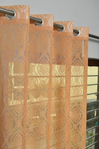 Image of Fabrilia Polyester Sheer Net Damask Design Semi Transparent Eyelet Long Door Curtains 9 feet Set of 2- Brown