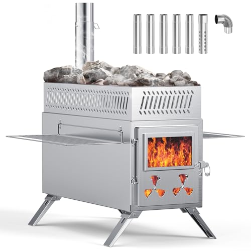 Upgraded Wood Burning Sauna Hot Tent Stove, 2 in 1 Tent Wood Burning Stove with Chimney Pipe for Outdoor Camping Heating, Camping, Hunting, Heating, Cooking, Ice Fishing, Boiling Water