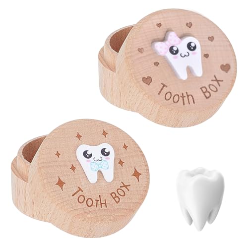 KEWUF 2 PCS Caja de Dientes, Caja Dientes de Leche Niño, Madera para Guardar, Recuerdos de Dientes Lindos, Borde Liso Guardar, puerta ratoncito perez, Regalo para Niña Niño