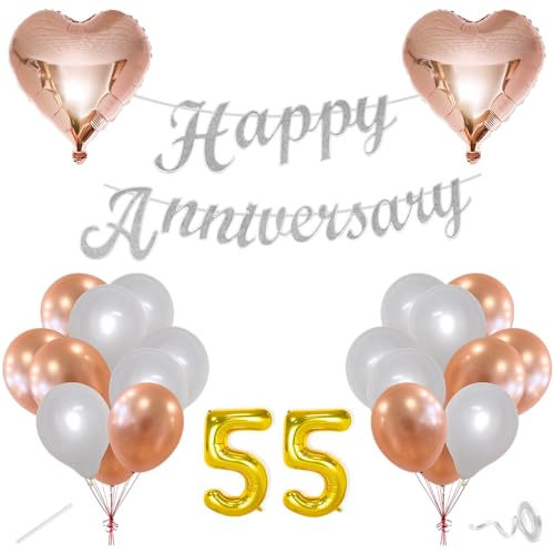 Image of Flyloons 55th Happy Anniversary Decoration Items Rose Gold White for Men Women Husband Wife Mom Dad Parent Couple Home Bedroom Car With 20 Pcs Metallic Balloons Anniversary Banner 2 Pcs Heart Set Kit