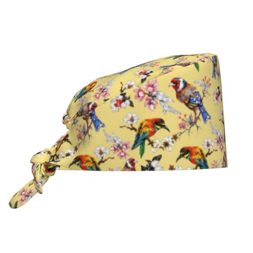 Buewutiry Scrub Caps Women Men Bright Birds and Flowers Working Surgical Nurse Dental Hats Ponytail Scrub Cap Black