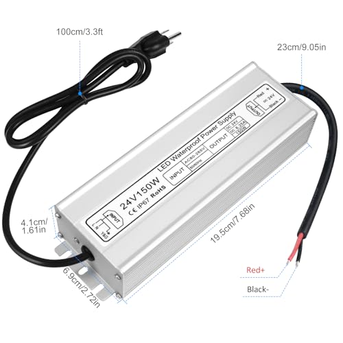 Image of LED Driver 150W 24V Power Supply, IP67 Waterproof Low Voltage Transformer, AC 80-265V to DC 24V 6.25A Converter with 3-Prong Plug 3.3 Feet Cable for Outdoor LED Lights, Industrial, Computer