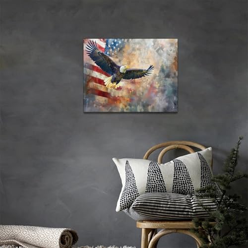 Fuzawet Bald Eagle Canvas Wall Art American Flag Flaying Eagle Pictures Decor Eagle Painting Prints Modern Home Framed Artwork For Bathroom Bedroom Living Room Office 16""X12"" thumb #1