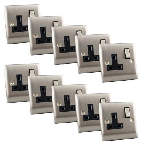 Image of 13A Double Pole Switched Single Socket – Brushed Chrome Slim Edge Stainless Steel Wall Plug Socket – BS1363 Certified – Trade Pack for Home & Commercial Installations (Pack in 10)