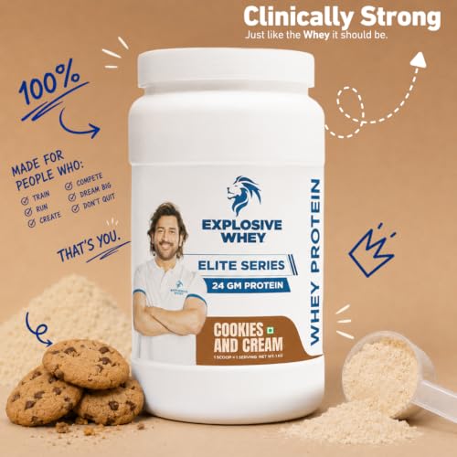Image of Explosive Whey Elite Series Whey Protein - Trusted by M.S. Dhoni | 24g Protein per Scoop | Premium Concentrate + Isolate Sport Supplement for Enhanced Muscle Growth and Recovery | Cookie & Cream - 1kg (30 Servings), Trustified Certified