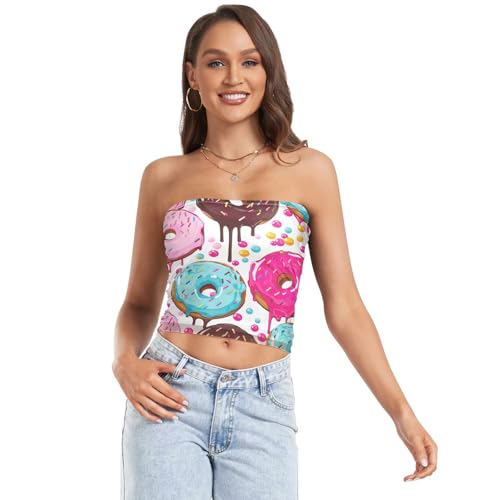 Colorido Donuts Candy - Camiseta corta de tubo sin tirantes para mujer, camiseta de tubo de malla, tops de tubo sexy (S), Caramelos coloridos de donas, S