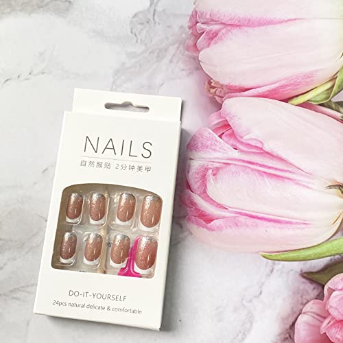 Square Fake Nails French Tip Press On Nails Medium Nude Glue On Nails Full Cover False Nails With White Glitter Designs French Nail Decorations For Women Girls 24Pcs #TOP6