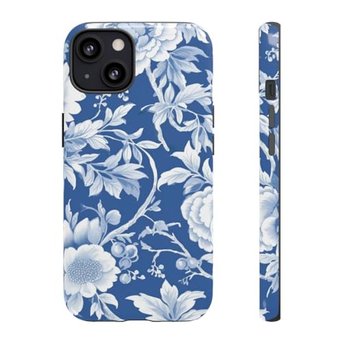 Coque iPhone 13 rigide anti-rayures à motif de fleurs bleues et blanches
