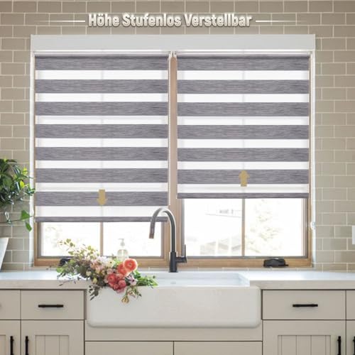 Deswell Doppelrollo Klemmfix ohne Bohren Marmor-Grau B110 x H120 cm (Stoffbreite 106cm) Rollos für Fenster ohne Bohren für Fenster mit… – Ansicht 2