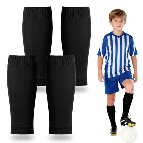 Infinizer Shin Pad Sleeves Kids Adults, Black Football Socks Sock Sleeves, Shin Guards Compatible Breathable Athletic Socks for Multi-Sports (Black&Black,Kid)