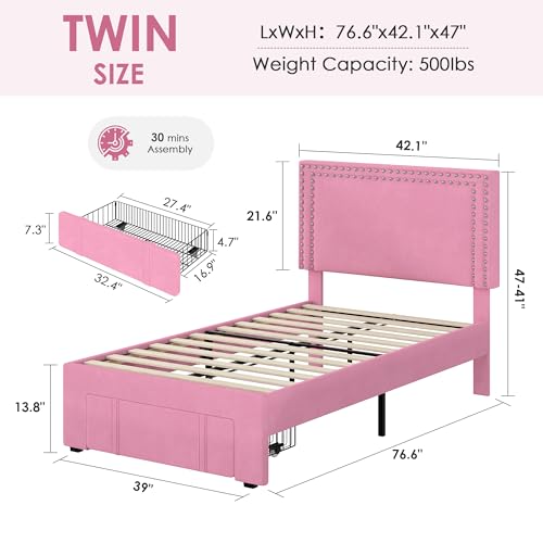 Image of VECELO Twin Size Upholstered Bed Frame with Storage Drawer, Adjustable Velvet Rivet Decor Headboard, Wooden Slats Platform Support, No Box Spring Needed, Easy Assembly,Pink