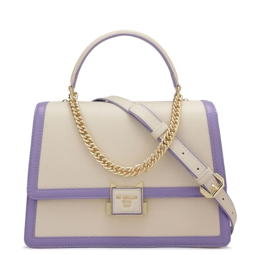 Image of Da Milano Genuine Leather Satchel for Women - Beige Structured Handbag with Push Lock & Shoulder Strap