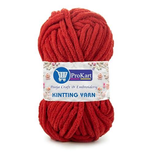 Image of ProKart Premium Blankie Wool, Plush & Cuddly, Chenille Yarn Supersoft Hand Knitting Wool Ball | Blanket Thick /Mottu Yarn Ball Suitable for Hand Knitting and Crocheting for Baby, Adult, Sweaters, caps, Throws, Home Furnishing, Scarves, Blankets (Red, 100gms x 2 Pack)