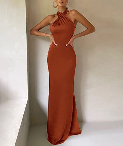 Image of xxxiticat Women's Satin Long Dress Sleeveless Halter Neck Backless Buckle Slip Cold Shoulder Mermaid Prom Party Maxi Dress
