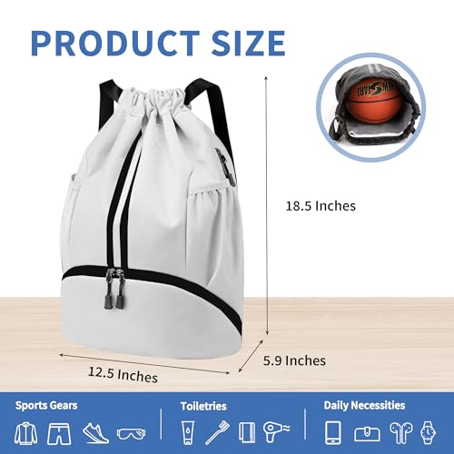 Image of JELUTAR Drawstring Backpack Gym Bag with Shoes Compartment, White | Water-Resistant String Backpack for Soccer, Basketball, Swim, Beach Cinch for Women Men, 22 L Large Capacity, Wet Pocket