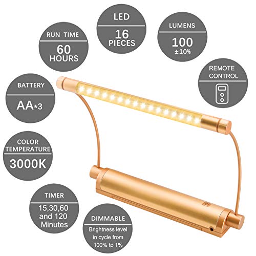 Image of LUXSWAY Cordless Painting Light,Battery Operated Picture Light with 9 Inch Light Tube,Art Lights for Painting,Remote Control Timer Auto Off,Dimmable Accent Lighting Picture Artwork-Gold