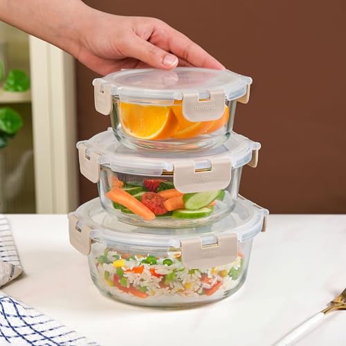 Image of Nestasia Nestro Airtight Glass Containers with Lid Set of 3 (400ml, 600ml, 950ml) | Spill Proof Round Glass Containers with Break Free Lock - Microwave, Dishwasher & Freezer Safe (Beige)