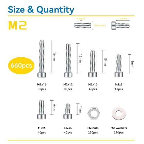 WZHUIDA 660 Stück M2 Schrauben Muttern und Unterlegscheiben Sortiment Kit, Edelstahl Sechskantschrauben, Innensechskant Schrauben Set, Sechskopf-Knopf Schrauben Muttern mit Schraubenschlüssel