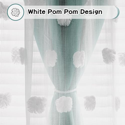 Image of MYSKY HOME 90 Inches Long Teal Curtains for Living Room Nursery Curtains for Bedroom Double Layer Curtains White Pom Pom Sheer Curtains for Dining Room Grommet Room Darkening Window Panels W52 X L90