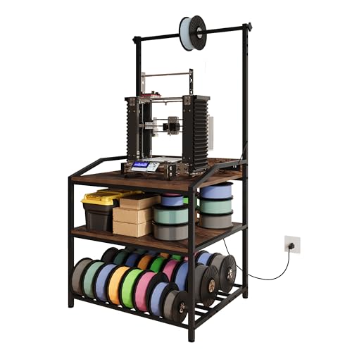 NinPeen 3D Printer Rack Filaments Storage,3D Printer Table with Shelf and Power Outlet for PLA/ABS/TPU/Nylon,Heavy Duty Printer Stand with Filament Organizer and spools Holder (Rustic Brown)