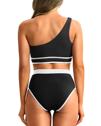 Tempt Me Women Black One Shoulder High Waisted Bikini Color Block Two Piece Swimsuits Cutout 2 Piece Bathing Suit M thumb #1