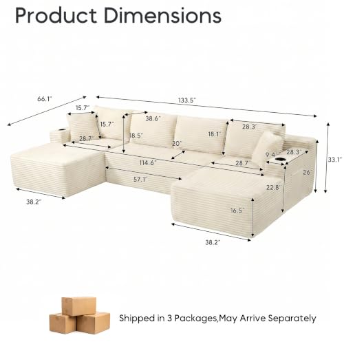 Image of 133 inch U-Shaped Modular Sectional Sofa, Corduroy Boneless Couch, Beige