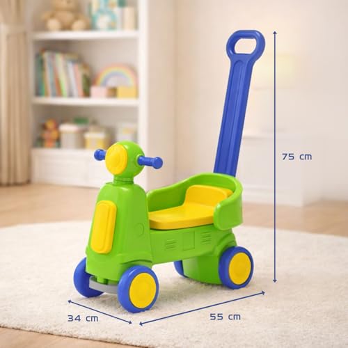 Image of Amazon Brand - Jam & Honey Toddler Scooter Ride-On with Parental Handle | 18+ Months | Wide Wheels for Stability | Ergonomic Seat | BIS Certified | Green & Blue