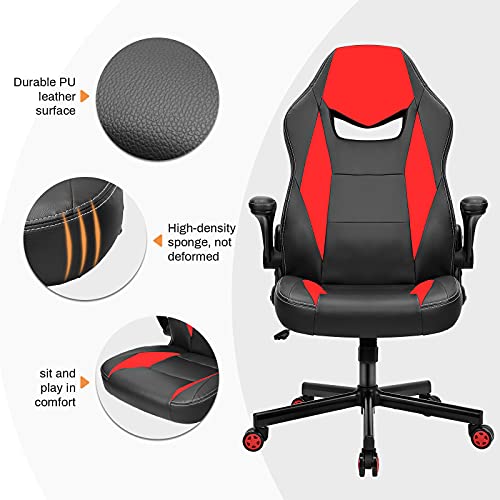 BASETBL-Silla-Oficina-Ergonomica-Silla-Gaming-Cuero-PU-con-Altura-Ajustable-Silla-Racing-Apoyabrazos-Abatibles-Silla-Escritoria-Giratoria-Carga-Max-150kg-Rojo