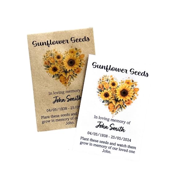 Personalised Remembrance Sunflower Heart Seed Packet Memorial Funeral Keepsake Handmade | Pack of 10 Favours