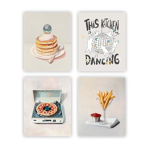 heilkee Vintage Kitchen Wall Art Music Decor Funny Food Paintings Disco Ball Pictures Pancakes Martini Prints Set of 4(UNFRAMED 8x10in)
