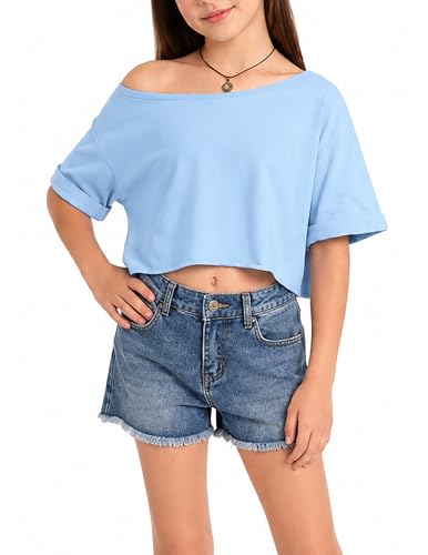 Image of Girls Off the Shoulder Tops Crop Short Sleeve Tees | Rolled Cuffs, Loose Fit, Crop Tops, Dance, Summer, Oversized, Trendy