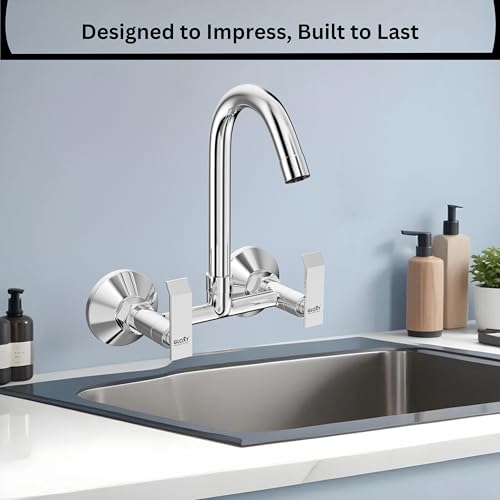 Image of Gloxy Premium Brass 2 in 1 Wall Mounted Sink Mixer with 360 Swivel Spout - Jet+ Lever Kitchen Sink Mixer with Chrome Finish - Hot & Cold Water Mixer for Bathroom & Kitchen Sink - 10 Years Warranty
